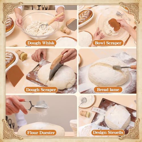 Sourdough Starter Kit with Banneton Proofing Basket, Starter Jar and Tools - color: Brown