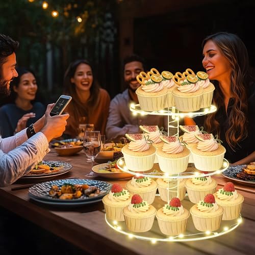 Round Cupcake Stand with Yellow Lights, 3 Tier Cupcake Tower for Party - color: Yellow Light, size: 3 Tier Round