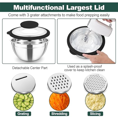 TeamFar Mixing Bowls, Stainless Steel Salad Serving Bowl with Clear Lids - color: Black