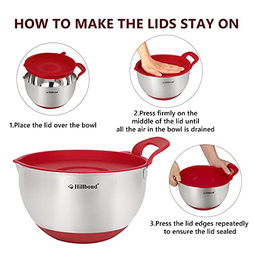 Hillbond Stainless Steel Mixing Bowls with Lids Set, Set of 3, Red - color: Red