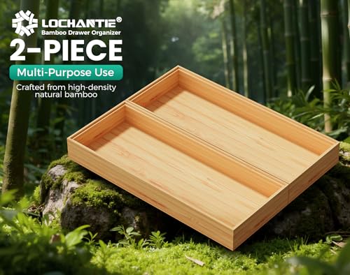 Bamboo Kitchen Drawer Organizer Set of 2, 15" x 6" Stackable Wood Tray - size: 15" x 6" x 2"