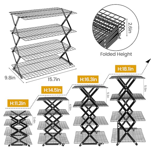 4-Tier Upgraded Collapsible Cooling Rack with Adjustable Setting Design,Cooking Drying Wire Cooling Rack for Baking, Cookies, Cake, Roasting, Grilling