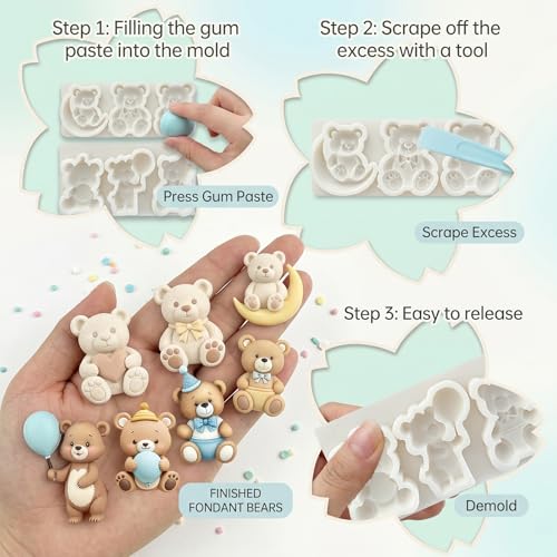 2Pcs Teddy Bear Fondant Mold Set, Moon Balloon Bear Silicone Molds - color: Bear silicone mold