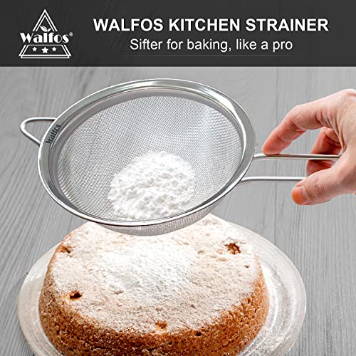 Walfos 6.95 Inch Fine Mesh Strainers, Premium Stainless Steel Colanders and Sifters, with Reinforced Frame and Sturdy Handle, Perfect for Sift, Strain, Drain and Rinse Vegetables, Pastas and Tea - style: 6.95" Medium Strainer