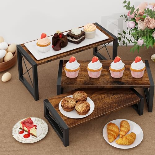 ELITEROO 3 Tier Cupcake Stand & Wood Display Risers, Dessert Stands for Cup Cake or Food, Riser Display Stand for Perfume Collectibles, Tiered Shelf Organizer for Market Retail Vendors, Rustic Brown - color: 3 Tier, Rustic Brown