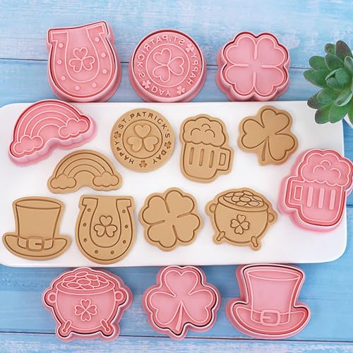 St. Patrick's Day Cookie Cutters, 8Pcs 3D Plastic Cookie Molds Cartoon Shamrock Four Leaf Clover Horseshoe Biscuit Cutters for Irish Holiday Party Baking Cutting Tool (D8) - color: D8