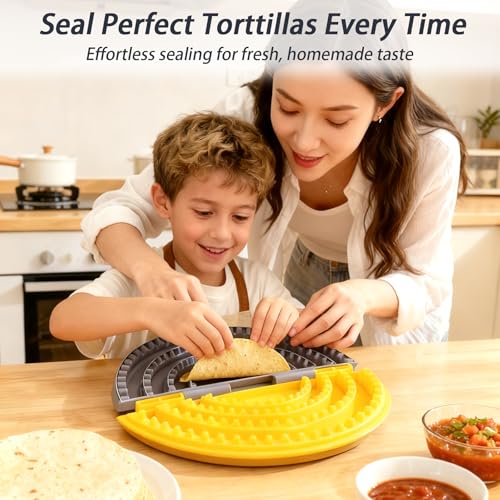 4-in-1 Tortilla Sealer Crimper Press – Adjustable 4"-6"-8"-10" Tortilla & Taco/Burrito Maker Tool with Metal Edge | Easy to Clean, BPA-Free, Durable & Fun for Family Cooking (Gray & Yellow) - color: Gray & Yellow