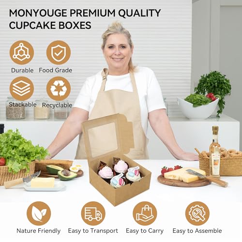 30-Set Cupcake Boxes Bulk with Clear Display Window Hold 4 Standard Cupcakes, Disposable Food Grade Brown Cupcake Carrier Cupcake Container, Perfect for Cupcakes Muffins Cookies Pastries