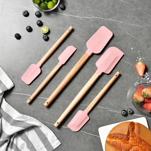 Pink Silicone Spatula Set, Food Grade Rubber Spatula-5 Piece Nonstick Rubber Spatulas, Spoonula, Jar Scraper for Cooking, Baking, Mixing, - color: Pink