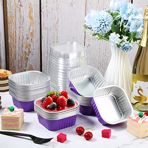 50 Pcs Aluminum Foil Baking Cups with Lids 10 oz Square Baking Cups Disposable Ramekins with Lids for Flans Snacks Pudding Pan Tin Wedding Catering Party Favor (Purple) - color: Purple