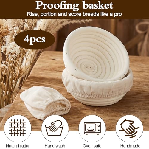 Mini Sourdough Basket Set of 4 Banneton Bread Proofing Basket 5 Inch Round Small Proofing Baskets with Cloth Liner, Rattan Baking Supplies for Artisan Bread