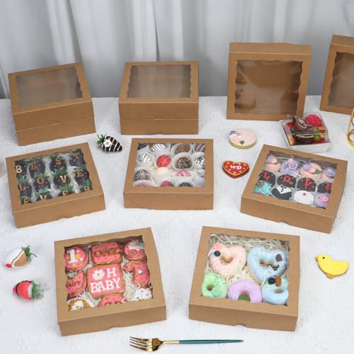 TEMLQPACK 15pcs 8x8x2 Inch Brown Bakery Boxes with Window - Christmas Cookies/Cakesicle Storage - color: Brown