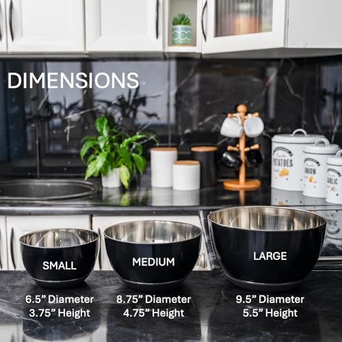 WHYSKO Stainless Steel Mixing Bowls Set, 3-Piece with Silicone Base - color: Black