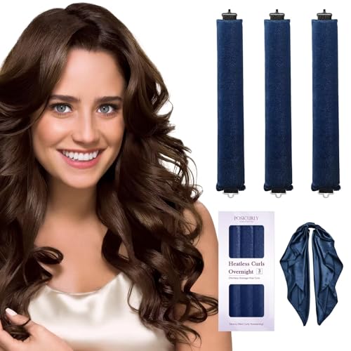 Heatless Hair Curler Overnight Curls-3 Pcs No Heat Curling Blowout Rod to Sleep In,Hair Rollers with Satin Scarf - color: Navy blue(Pack of 3)