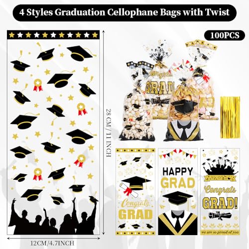 100Pcs Graduation Treat Bags Congrats Graduates Treat Bags Black Gold Cellophane Bags with Twist Ties Plastic Grad Goodie Bags 4 Styles Gift Bags Candy Bags for Graduation Party Favors Decorations - color: Graduation