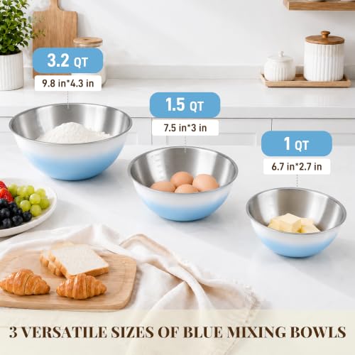 Blue Gradient Mixing Bowls with Measurements, 3-Piece Set - color: Blue Gradient