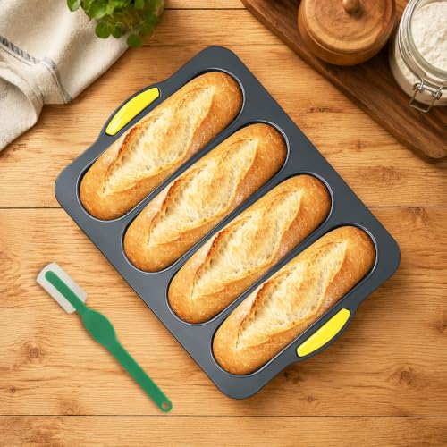 2 Pack Food Grade Silicone Baguette Bread Pan, 4‑Cavity Non‑Stick Easy Release French Bread Mold for Homemade Baguettes, Sourdough, Hoagie, Hot Dog Buns, Sandwich, Includes Bread Lame