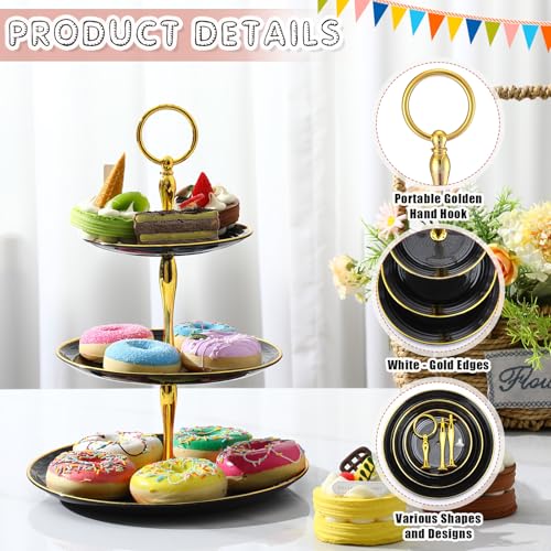 Teenyyou 8 Pack 3 Tier Plastic Cupcake Stand Bulk, Black, Round - color: Black, style: Round