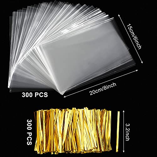 Augshy Cake Pop Bags, 300 Pcs 6x8" Treat Cello Bags with 300 Twist Ties - size: 6x8 Inches