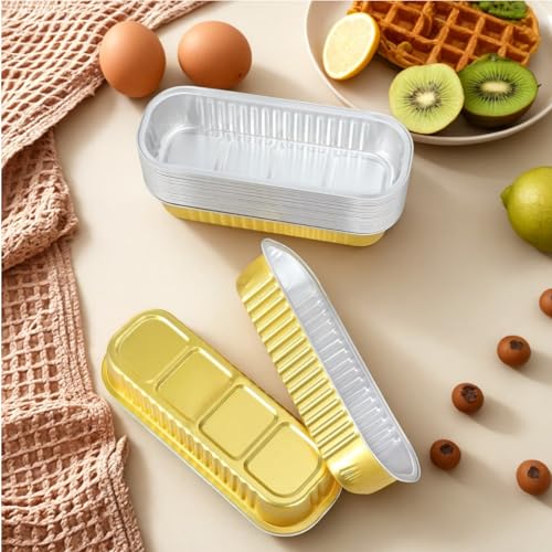 30 Pack Gold Mini Rectangular Aluminum Foil Loaf Pans with Lids 6.8oz, Spoons & Sealing Stickers Included - Perfect for Baking Mini Cakes, Parties & Gifting - color: Gold