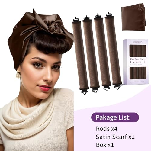 Heatless Curls Overnight Hair Curlers - 4 Pcs No-Heat Curling Rod to Sleep In,Velvet Hair Rollers with Satin Wrap - color: Brown(Pack of 4)
