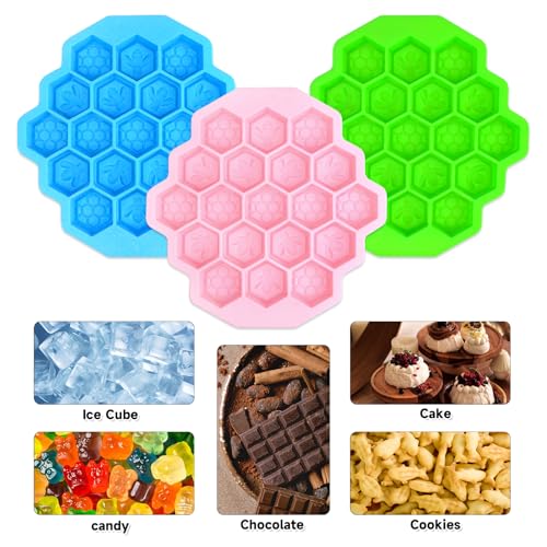3Pcs Honeycomb Bees Silicone Molds, XJMWXHFC 19 Cavities Chocolate Molds, Food Grade Silicone Baking Molds, Non-Stick Cake Mold for Chocolate, Candy, Jelly, Ice Cube, Mini Cakes (Pink, Green, Blue)