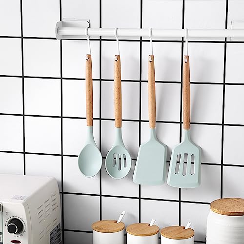 Country Kitchen Non Stick Silicone Utensil Set with Rounded Wood Handles for Cooking and Baking, 14 Piece Set, Mint - color: Mint, size: 14 Piece Set