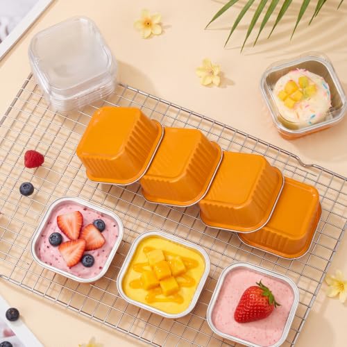 Skylety 100 Pcs 5oz Mini Square Cake Pans with Lids, Orange - color: Orange