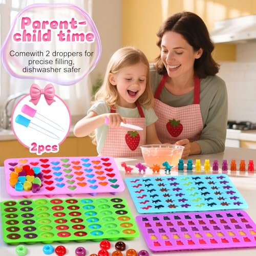 Candy Molds Silicone, with 2 Droppers, Non-Stick Silicone Candy Molds Including Mini Dinosaur, Bear Shape, Hearts and Mini Donut, Set of 4