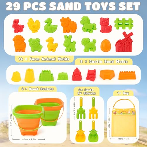 Collapsible Beach Toy Set for Kids, 29 Pcs Farm Sand Toys with Animal Molds - size: 2 bucket farm set