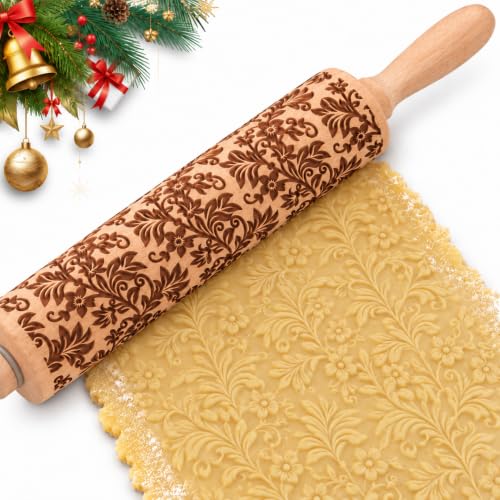 Floral Vine Embossed Rolling Pins for Cookies, Wooden Engraved Rolling Pins for Baking, Embossing Rolling Pins with Designs, Patterned Rolling Pin Decorative Springerle Mold Stamp Clay Pattern Roller - color: Floral Vine