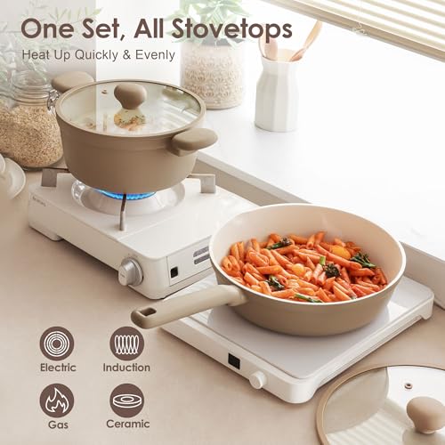 SENSARTE Ceramic Nonstick Pots and Pans Set, Nontoxic Cookware Set 17pcs - color: Almond Beige