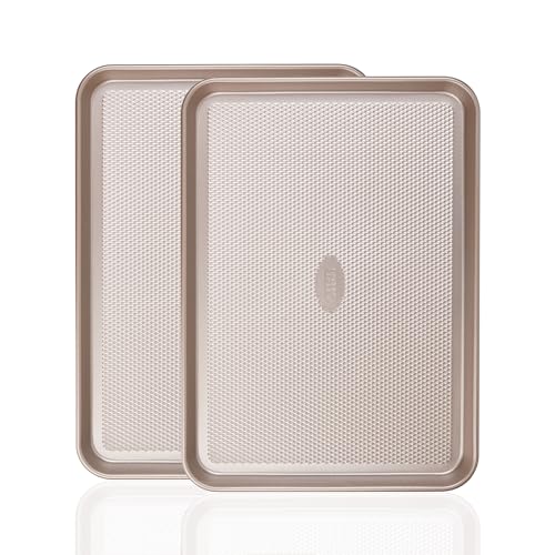 Baker's Secret Baking Sheet Pan Set, 2x Cookie Sheets for Oven 13.8x10', Diamond Texture Premium Air Flow Circulation, Baking Trays, Extra Thick 0.6mm Diamond Base PFOA, PFOS, PTFE and PFAS free - color: Champagne Gold, size: 2 Pack Quarter Sheet
