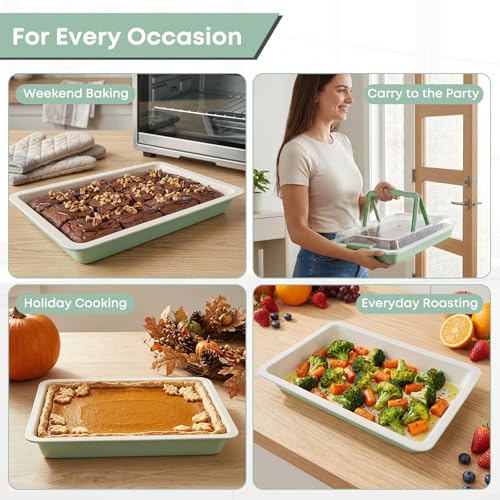 Sheet Cake Pan with Lid, 2" Deep Nonstick Ceramic, Mint Green