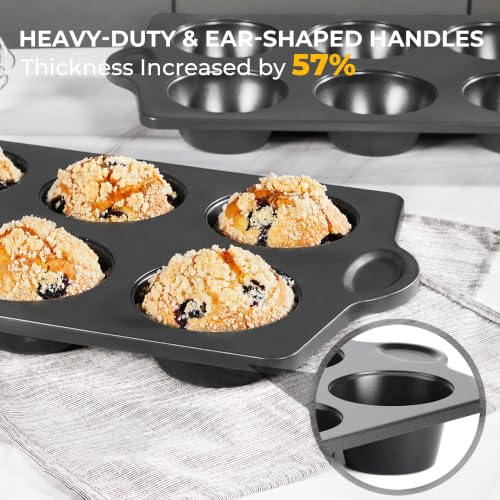 HONGBAKE Nonstick Jumbo Muffin Pan, 2 Pack Large Cupcake Tin with 120pcs Muffin Liners, Cup Cake Tray for Baking, 3.5dia, 6 Cup, Premium, Extra Thick