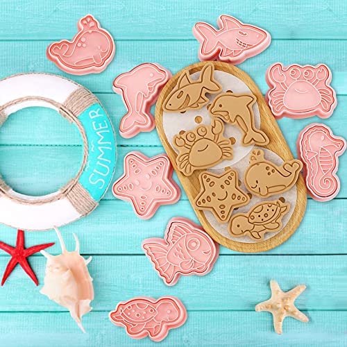 8 Piece Ocean Cookie Cutters With Plunger Stamps Set - color: Ocean Creature Cookie Cutters With Plunger Stamps