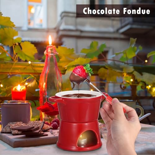 BSTKEY 300ML Ceramic Butter Warmer Set with 2 Forks, Fondue Pot Melting Pot Set, Melt Hot Pot Bowl Set for Cheese Chocolate Butter Caramel (Red) - color: Red