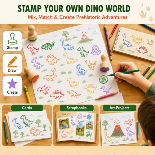Wooden Dinosaur Stamp Set for Kids, 18 Pcs Dino Stamps Art Projects Supplies Classroom Rewards Birthday Gift Party Favors Carnival Prizes for Boys Girls
