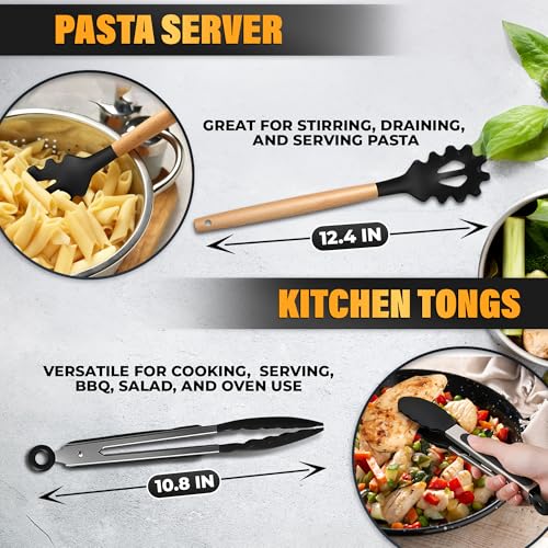 14 Pcs Kitchen Utensils Set with Holder, Beech Handles (Black)