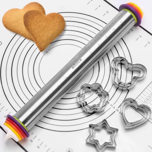 13.6" Stainless Steel Rolling Pin with 4 Thickness Rings & Cookie Molds - color: Stainless Steel