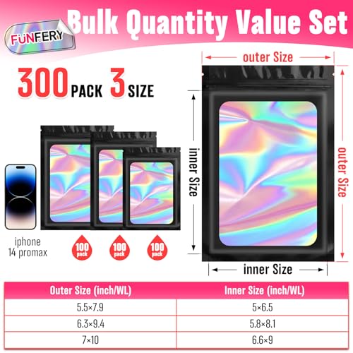 Funfery 300 Pack 3 Size Mylar Holographic Bags with Clear Window,Black - color: Black, size: 5.5x7.9+6.3x9.4+7x10 Inch