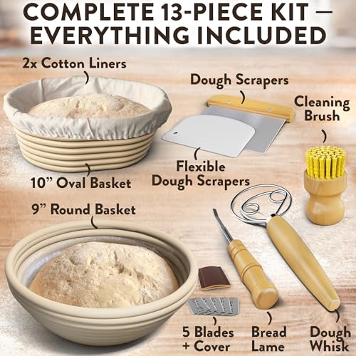 Complete Bread Proofing Baskets Set with 9 in and 10 in Banneton Basket