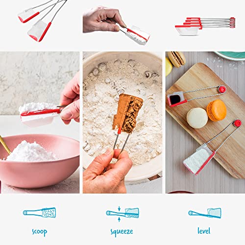 Dreamfarm Levoons Self-Levelling Measuring Spoon Set, Measures 1/4 Teaspoon up to 1 Tablespoon - Pack of 4, Red