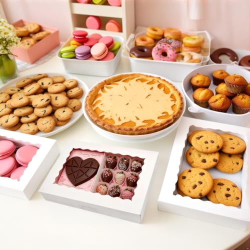30Pcs Cookie Boxes 14x10x2.5in Auto-popup, White Dessert Cajas Para Postres with Window for Bakery, Treat, Chocolate Covered Strawberries, Macaroon, Donuts, Pies, Cookies, Muffins, Pastries