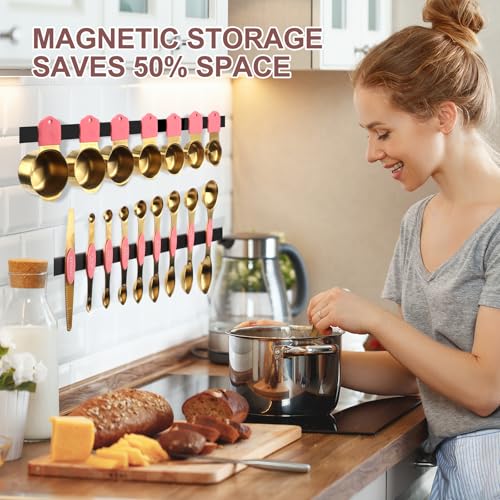 16-Piece Magnetic Measuring Cups & Spoons Set, Stainless Steel, Pink & Gold - color: 16-Piece Pink & Gold