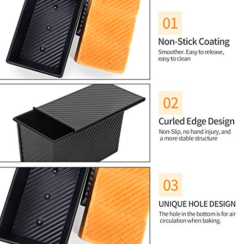 CHEFMADE Pullman Loaf Pan with Lid 2 Pcs, 1Lb Dough Capacity Non-Stick Rectangle Corrugated Bread Pan, Carbon Steel Toast Pan with Cover for Baking Bread - Black - size: Black 2 pieces 1 lb Corrugated