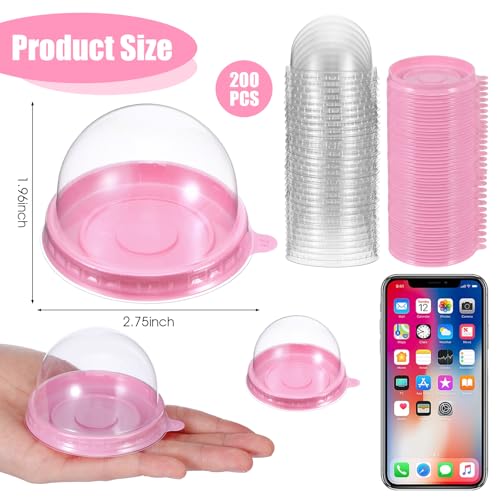 200 Set Mini Cupcake Boxes, 2.76x2.76x2 inch Clear Plastic Container Box with Pink Base & Dome Lid for Muffin, Pastry, Dessert, Mooncake, Wedding Birthday Party Supplies