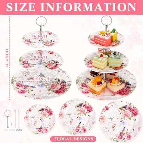 ONEUSTAR Porcelain 3 Tier Serving Tray Floral Dessert Stand with Gift Box - color: Pink