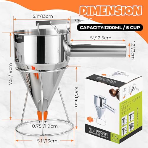 Pancake Batter Dispenser 20OZ/40 OZ | Stainless Steel Funnel Cake Dispenser with Stand | Leak-Proof Nozzle & Squeeze Handle | Precise Control, for Pancakes, Waffles, Cupcakes & Baked Goods (40OZ)