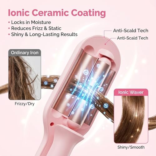 1&1.25 Inch Hair Crimper for Women - Curling Iron Waver Hair Tool to Adjustable Groove - Rizadora para Cabello - Anti-Scald Tech Hair Waver - Ionic Ceramic Coating for Long-Lasting,Fast Heating,Pink - color: Pink